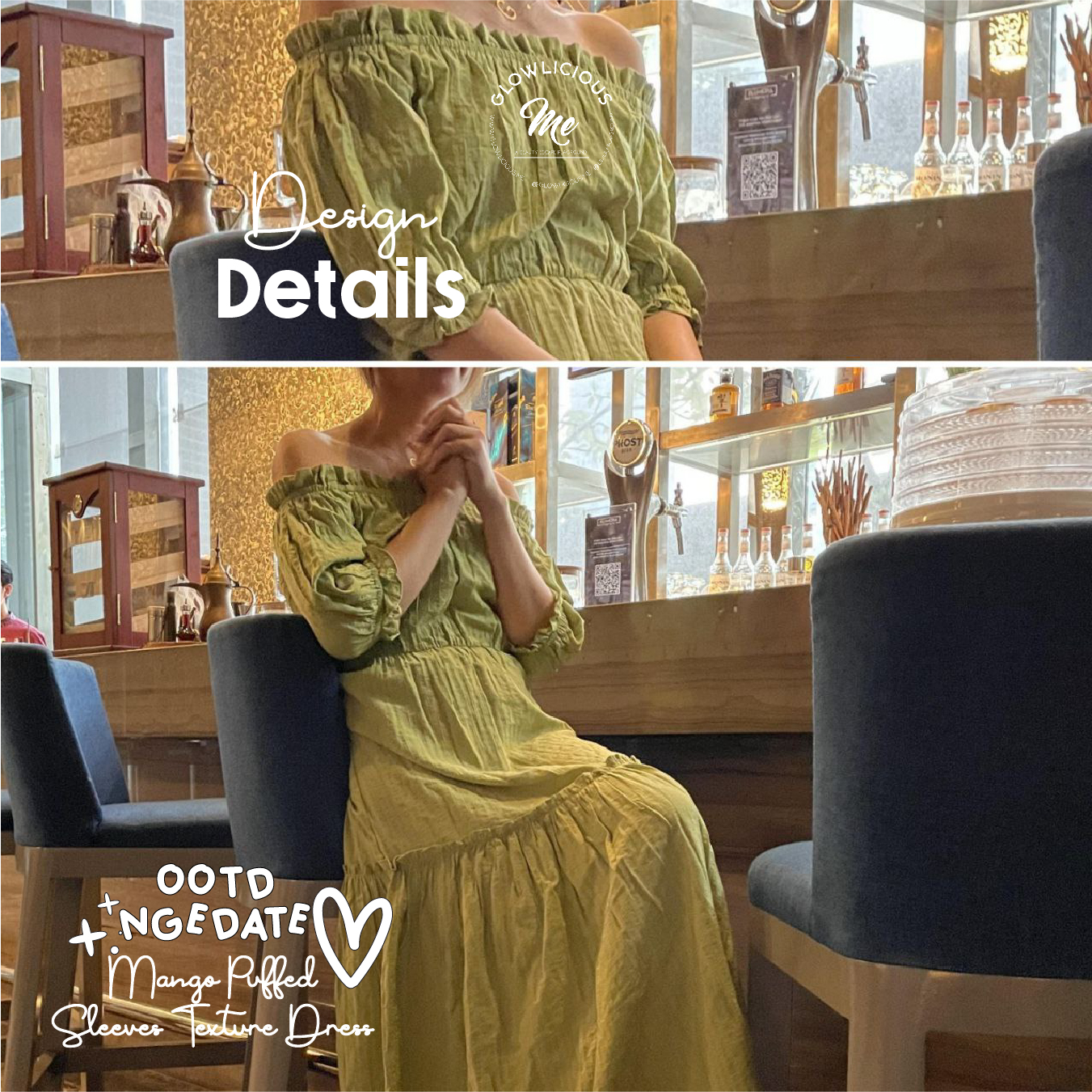 OOTD Ngedate Romantic Dinner Date - Mango Puffed Sleeves Texture Dress - Details Design