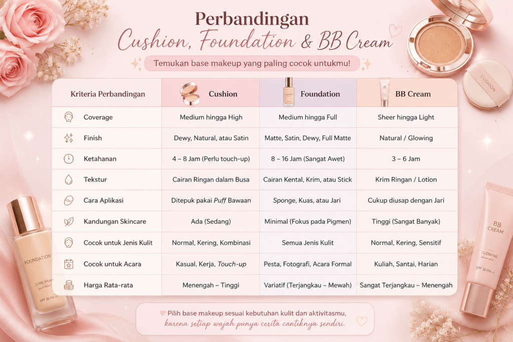 Tabel Perbedaan Cushion, Foundation, dan BB Cream